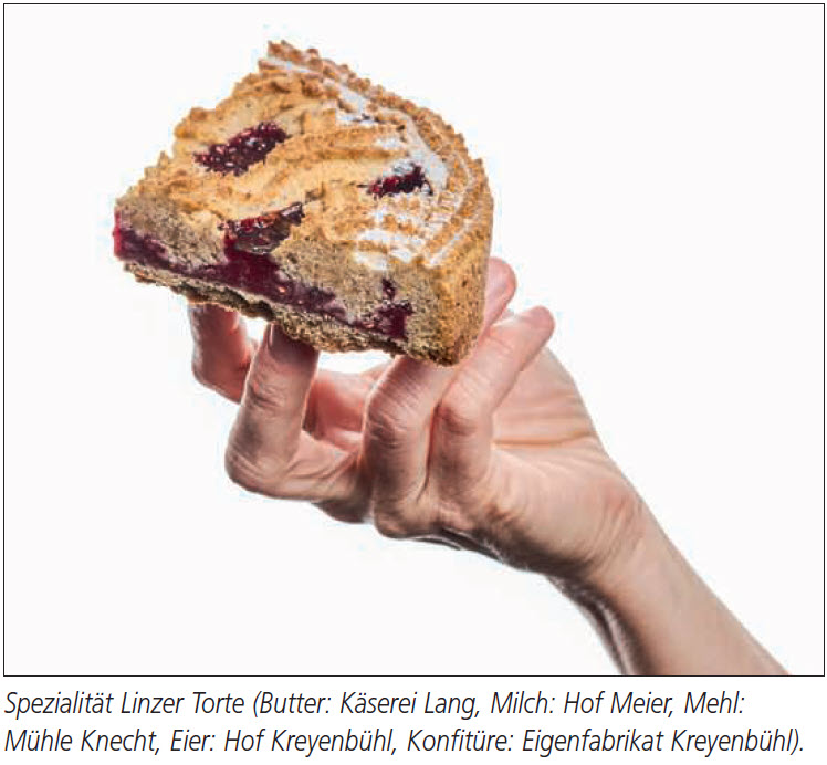 Spezialität Linzer Torte (Butter: Käserei Lang, Milch: Hof Meier, Mehl: Mühle Knecht, Eier: Hof Kreyenbühl, Konfitüre: Eigenfabrikat Kreyenbühl).